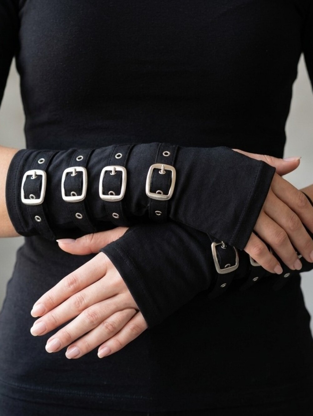 Gothic Buckled Fingerless Arm Warmers | Black Canvas Cuff Gloves